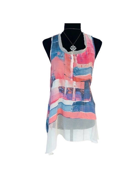 Simply Vera Vera Wang Tops - #44 SIMPLY VERA VERA WANG ~ Pink and Blue Sleeveless Blouse w/Chiffon Detail